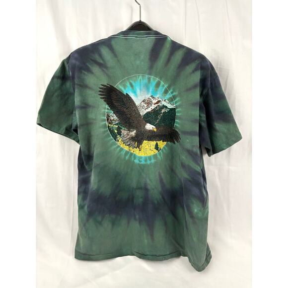 VTG 90s Green Tie-dyed Bald Eagle Flying Over Mountains T-Shirt X-LARGE - Picture 2 of 11